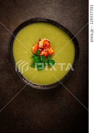pea cream soup, with shrimp, green soup, homemade, top view, no people, pea cream soup, with shrimp, green soup, homemade, top view, no people, 126537391