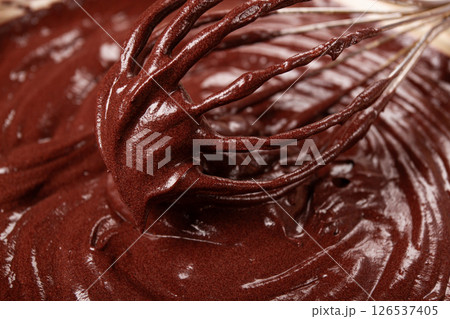 a bowl of chocolate dough, a whisk for whipping, baking, structure and consistency, homemade, top view, no people, 126537405
