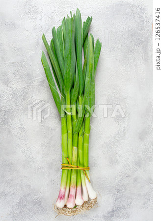a bunch of young, green garlic, on a light table, top view, no people, 126537416