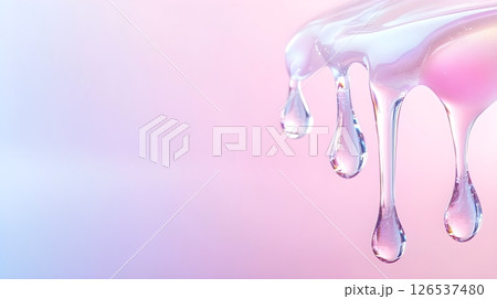 Ethereal macro photograph of transparent water drops against a dreamy pastel pink and blue gradient background. The crystal-clear droplets appear suspended in time, capturing light refraction. 126537480