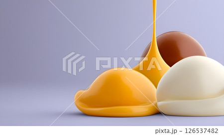 Abstract 3D composition featuring smooth, flowing shapes in yellow, white, and brown colors against a soft purple background. The image showcases liquid-like forms with glossy surfaces. 126537482