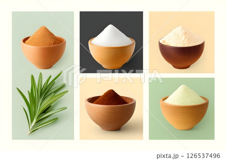 A modern composition featuring five ceramic bowls containing different colored powder ingredients and a fresh rosemary sprig. The image showcases various cooking powders including turmeric orange. 126537496