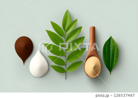A minimalist composition featuring natural cooking ingredients artistically arranged on a soft mint green background. The image includes a brown teardrop-shaped pile of cocoa powder. 126537497
