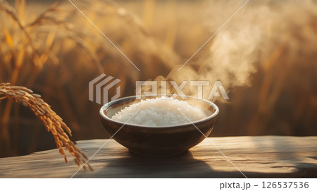 収穫した稲と茶碗ご飯の静物写真 126537536