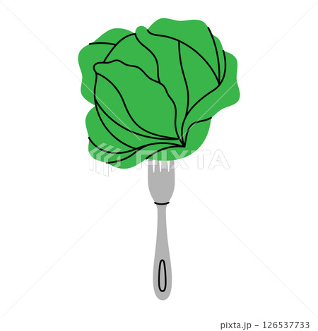 Fresh cabbage pierced on a fork. Minimal food concept symbolizing freshness, cooking, and healthy eating. Organic farm vegetable. Vector illustration. Fresh cabbage pierced on a fork. Minimal food concept symbolizing freshness, cooking, and healthy eating. Organic farm vegetable. Vector illustration. 126537733