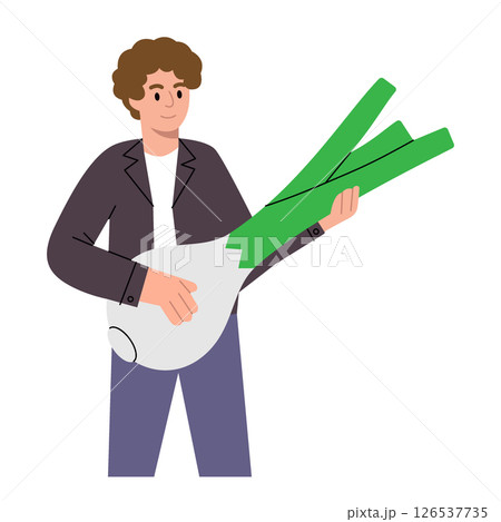 Man holding a fresh onion in hand. Healthy eating, vegan food and organic lifestyle concept. Organic farm vegetable. Vector illustration. Man holding a fresh onion in hand. Healthy eating, vegan food and organic lifestyle concept. Organic farm vegetable. Vector illustration. 126537735