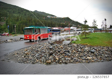 Mountain Town with Vintage Red Trolley Mountain Town with Vintage Red Trolley 126537857