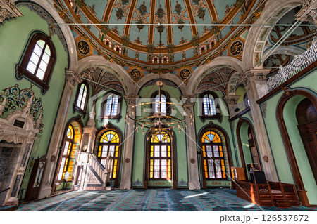 Salepcioglu Mosque interior showcasing intricate architectural details and vibrant colors in Izmir, Turkey 126537872