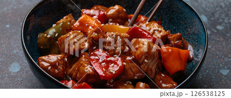 Sweet and sour pork with bell peppers and pineapple in a bowl, classic Chinese dish Sweet and sour pork with bell peppers and pineapple in a bowl, classic Chinese dish 126538125