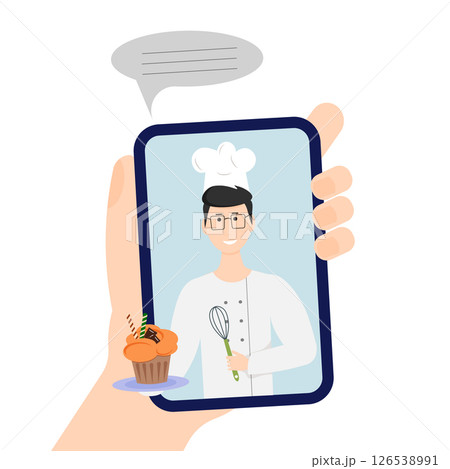 Cooking recipes on your mobile phone or tablet. Chef makes cupcakes. Step-by-step online lessons. Cooking TV show, family recipes, traditional food. 126538991