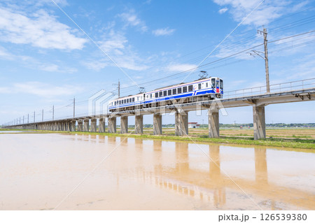 【ほくほく線】水田広がる高架区間を通過する普通列車 126539380