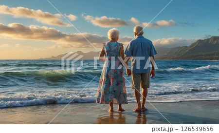 「寄り添い合う高齢者夫婦のポートレート:空とビーチ」老夫婦と海 「寄り添い合う高齢者夫婦のポートレート:空とビーチ」老夫婦と海 126539656