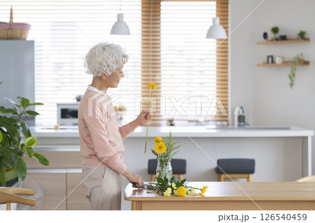 自宅のダイニングテーブルで花をいけるシニア女性 126540459
