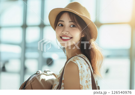 空港で笑顔を見せる若い女性 空港で笑顔を見せる若い女性 126540976