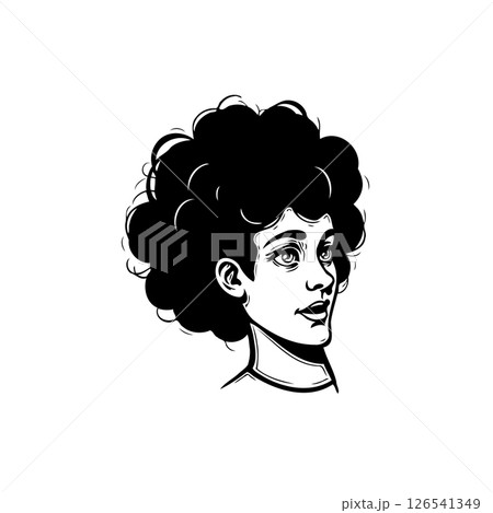 Stylized portrait showcasing a person with expressive features and distinct curly hair 126541349
