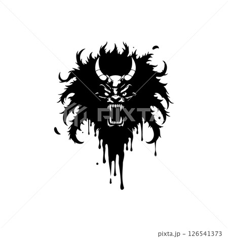 Menacing horned creature graphic portrait on white background with dripping paint 126541373