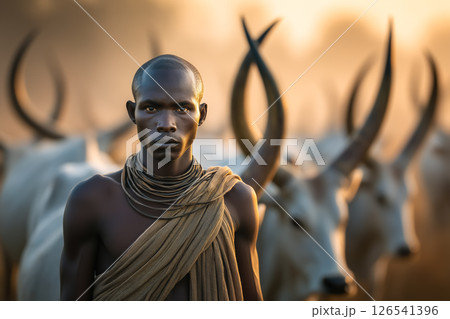 A tribesman stands among a herd of cattle in an open landscape. The concept of indigenous lifestyle, harmony with nature, pastoral culture, and ancestral heritage. Generative AI. 126541396