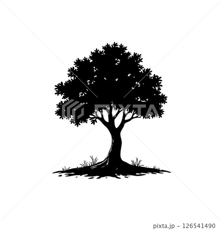Solitary silhouette of a tree against a stark white background representing nature's resilience 126541490