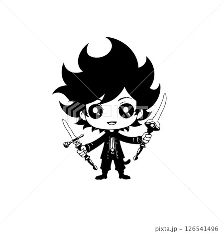 Stylized Swordsman: A black and white depiction of a cartoon character dual-wielding Stylized Swordsman: A black and white depiction of a cartoon character dual-wielding 126541496
