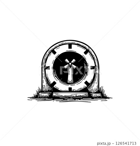 Monochrome memorial stone featuring a stylized symbol with textured ground Monochrome memorial stone featuring a stylized symbol with textured ground 126541713