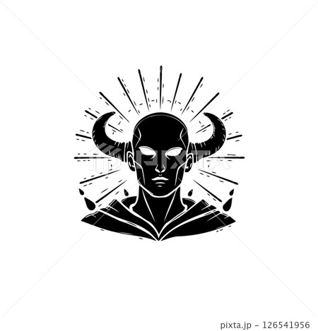 Monochromatic Illustration of a Horned Figure with Radiant Emanations in Black and White 126541956