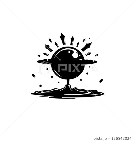 Abstract representation of a celestial object emanating light on liquid surface 126542024