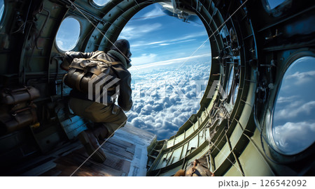 An airborne soldier jumps out of a military aircraft mid-air. The concept of courage, tactical operations, military training, and high-risk airborne deployment. Generative AI. An airborne soldier jumps out of a military aircraft mid-air. The concept of courage, tactical operations, military training, and high-risk airborne deployment. Generative AI. 126542092