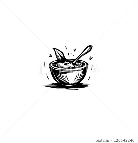 Minimalistic depiction of savory herbal preparation in rustic bowl illustration 126542240