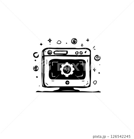 Sketch-Style Computer Displaying Gear, Representing Configuration or Technical Service Sketch-Style Computer Displaying Gear, Representing Configuration or Technical Service 126542245