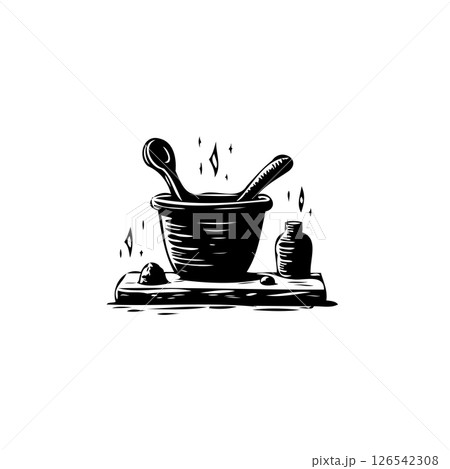 Stylized depiction of holistic wellness preparation on rustic wooden surface 126542308