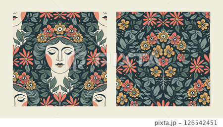 Vintage Pattern Ethnic Motif Set Floral Woman Face Flower Seamless Vector Boho Style Folk Background Vintage Pattern Ethnic Motif Set Floral Woman Face Flower Seamless Vector Boho Style Folk Background 126542451