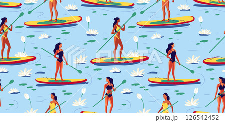 Girl Woman On Paddleboard Supboard Seamless Vector Pattern Water Lily And Leaf On Lake Paddling 126542452