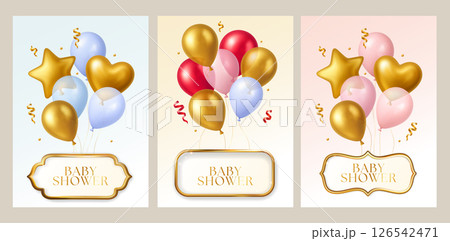3d Balloon Baby Shower Girl Boy Party Card Set Gift Ball Balloons Vector Invitation Card Realistic Celebration 126542471