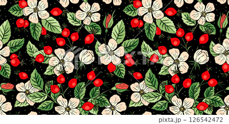 Rosehip Flower Leaf And Berry Seamless Vector Pattern In Folk Botanical Style On Dark 126542472