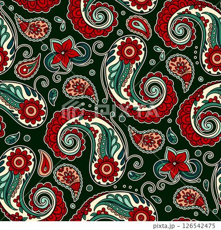 Batik Paisley Vintage Pattern With Swirls Seamless Floral Ornament Decorative Ethnic Boho Indian Bohemian Style 126542475