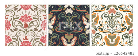 Art Nouveau Butterfly Flower Vintage Pattern Set Seamless Vector Background Antique Floral Motif Boho Bohemian Ethnic Ornament Art Nouveau Butterfly Flower Vintage Pattern Set Seamless Vector Background Antique Floral Motif Boho Bohemian Ethnic Ornament 126542493