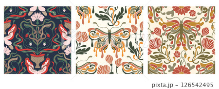 Art Nouveau Butterfly Flower Vintage Pattern Set Seamless Vector Background Antique Floral Motif Boho Bohemian Ethnic Ornament 126542495