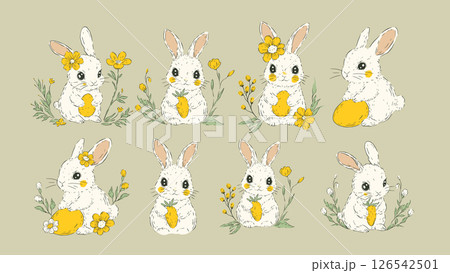 Easter Bunny Sketch Set Pastel Floral Rabbit Eggs Spring Flower Holiday Rustic Folk Art Vector Easter Bunny Sketch Set Pastel Floral Rabbit Eggs Spring Flower Holiday Rustic Folk Art Vector 126542501