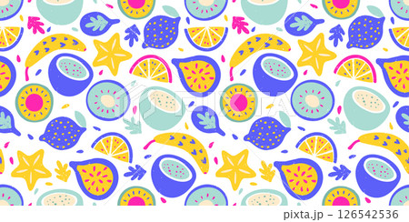 Tropical Exotic Fruit Pattern Crayon Bg Kiwi Lemon Banana Carambola Coconut Mix Texture Summer Vector Chalk Seamless Abstract Background 126542536