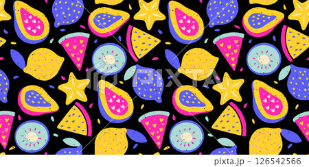 Tropical Exotic Fruit Pattern Crayon Bg Lemon Watermelon Kiwi Carambola Papaya Texture Summer Vector Chalk Seamless Abstract Background Organic Mix 126542566