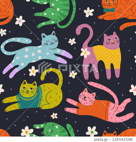 Whimsical Cat Cute Pet Seamless Pattern Background Vector Flat Quirky Dreamy Animal Daisy Flower 126542586