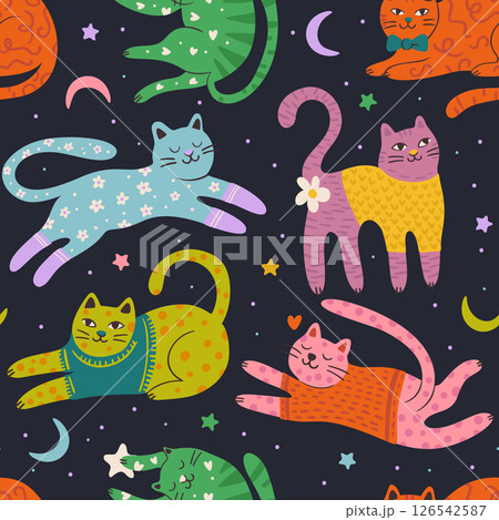 Whimsical Cat Cute Pet Seamless Moon Star Pattern Background Vector Flat Quirky Dreamy Animal Pajama Print 126542587