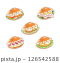 美味しそうなロールパンのサンド（ハムたまご、卵サラダ、ストロベリー、サーモン、フィッシュの具材セット 126542588
