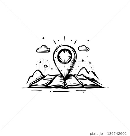 Conceptual illustration of a location pin over a book representing exploration 126542602