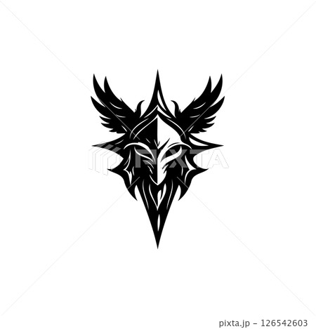 Intricate black and white emblem featuring winged helmet with starburst design Intricate black and white emblem featuring winged helmet with starburst design 126542603