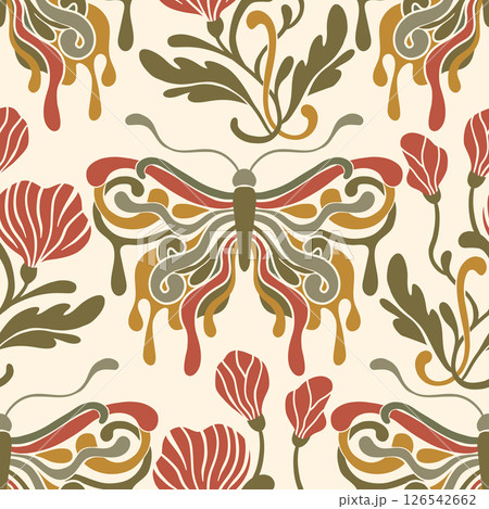 Art Nouveau Butterfly Vintage Pattern Seamless Vector Background Baroque Floral Antique Motif Boho Bohemian Ethnic Ornament Art Nouveau Butterfly Vintage Pattern Seamless Vector Background Baroque Floral Antique Motif Boho Bohemian Ethnic Ornament 126542662