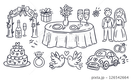 Wedding Doodle Sketch Icon Set Vintage Party Love Vector Romantic Bride Groom Ceremony Celebration 126542664