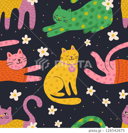 Whimsical Cat Cute Pet Seamless Pattern Background Vector Flat Quirky Dreamy Animal Daisy Flower 126542675