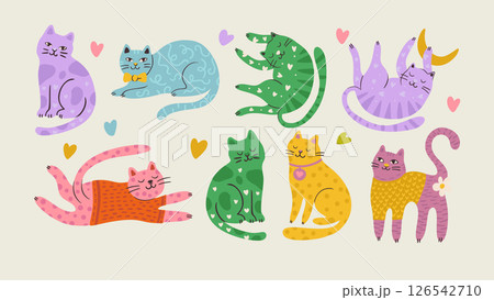 Whimsical Cat Cute Pet Illustration Vector Flat Quirky Cartoon Animal Happy Character Set 126542710