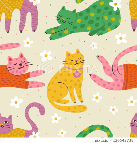 Whimsical Cat Cute Pet Seamless Pattern Background Vector Flat Quirky Dreamy Animal Daisy Flower Whimsical Cat Cute Pet Seamless Pattern Background Vector Flat Quirky Dreamy Animal Daisy Flower 126542739